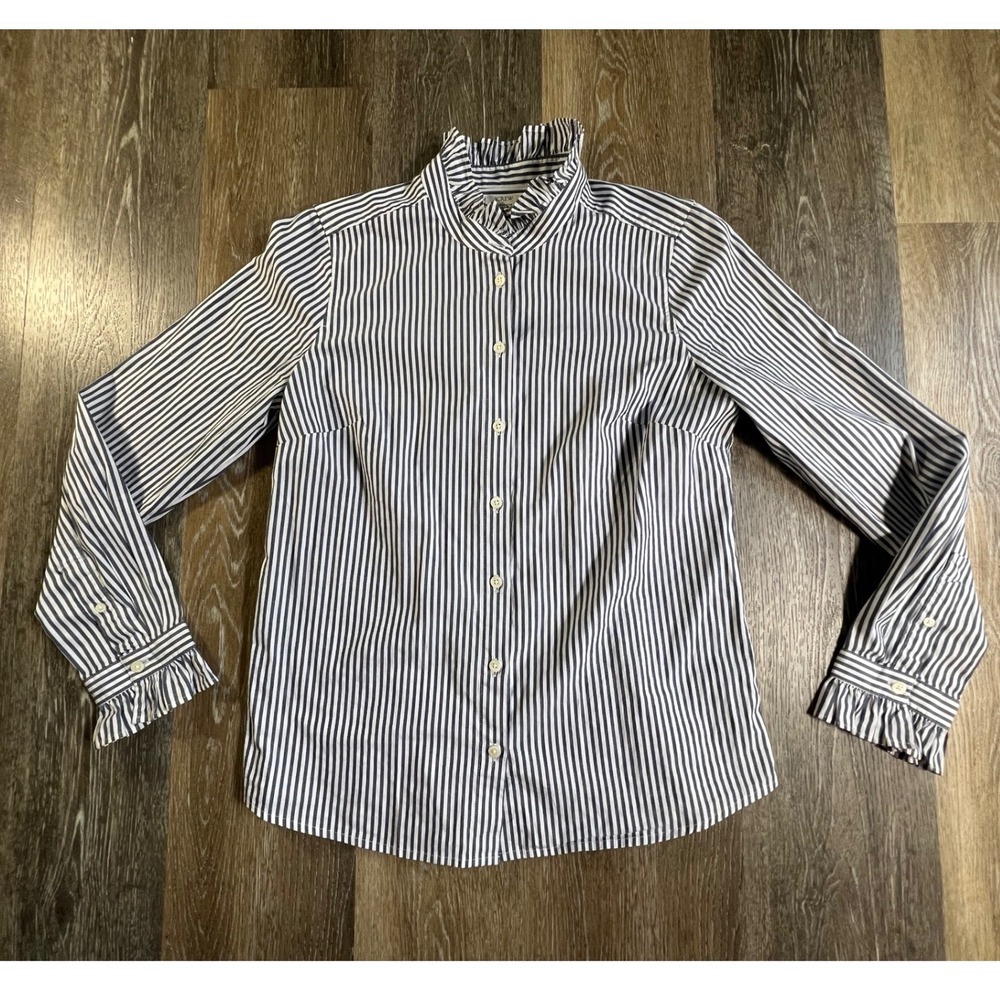 J.Crew Ruffle Collar Button Down Women S Blue White Striped Regenerative Cotton